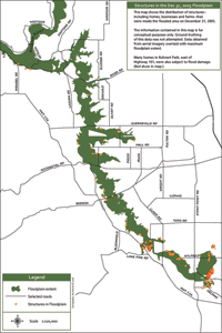 Map showing structures in the floodplain subject to potential property damage